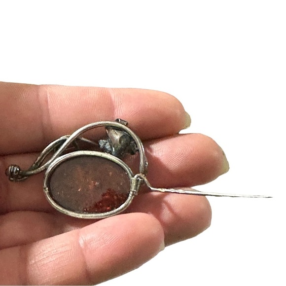 Vtg Signed M 925 Sterling Silver Natural Amber Cabochon Floral Brooch Pin 2” 13g - Picture 14 of 16